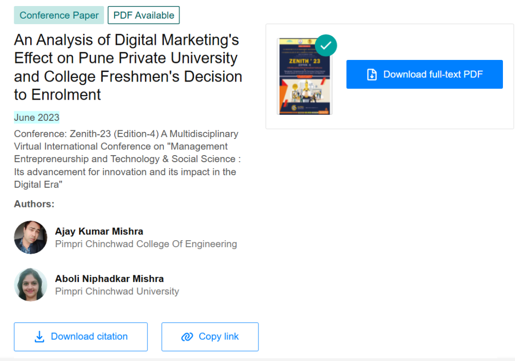 An Analysis of Digital Marketing's Effect on Pune Private University and College Freshmen's Decision to Enrolment