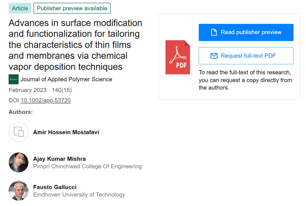 dvances in surface modification and functionalization for tailoring the characteristics of thin films and membranes via chemical vapor deposition techniques